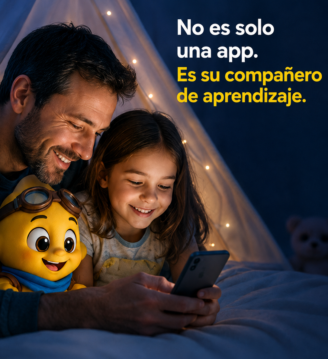 Padre e hija compartiendo un momento de aprendizaje junto a la mascota de Aprendito.